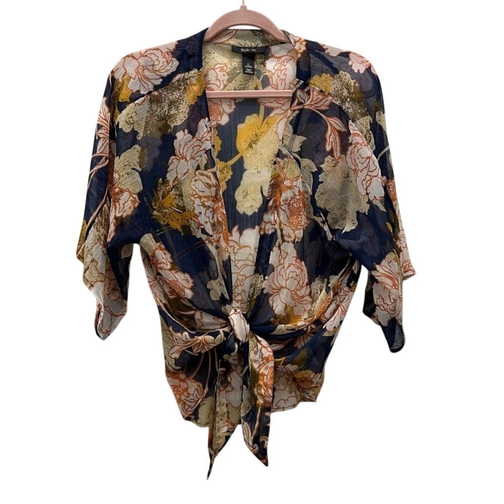 Floral Style & Co Kimono, Navy, Orange, Gold size‎ L